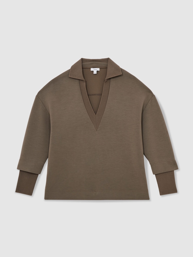 Reiss Khaki Green Bernie Interlock Open Collar Sweatshirt - Image 2 of 7