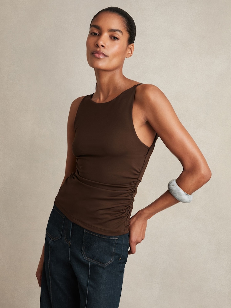 Reiss Chocolate Brown Nadia Ruched Jersey Cowl Back Vest - Image 1 of 6