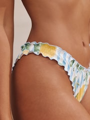 White/Blue Stripe Lemon Print Lettuce Edge High Leg Bikini Bottoms - Image 5 of 8