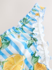 White/Blue Stripe Lemon Print Lettuce Edge High Leg Bikini Bottoms - Image 8 of 8