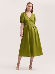 Finery Green Addison Cotton Button Through Midi Dress - Image 1 of 4