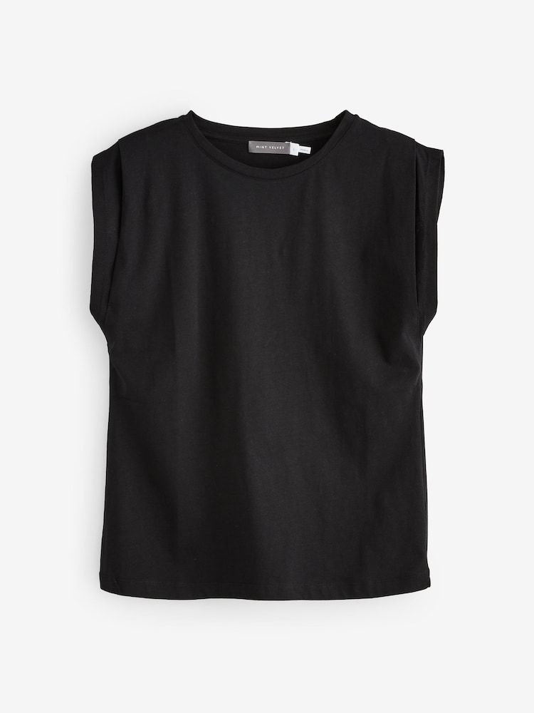 Mint Velvet Black Cotton Extended Shoulder T-Shirt - Image 1 of 1