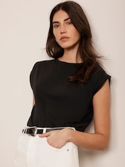 Mint Velvet Black Cotton Extended Shoulder T-Shirt - Image 3 of 7