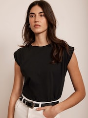 Mint Velvet Black Cotton Extended Shoulder T-Shirt - Image 5 of 7