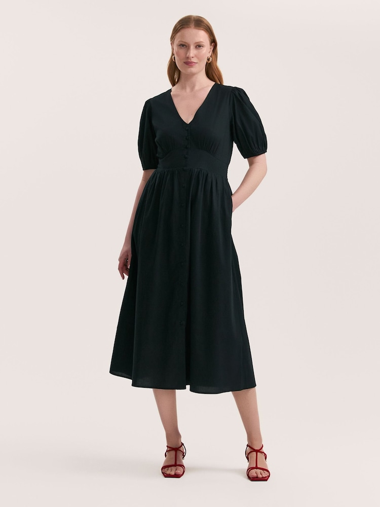 Finery Black Addison Cotton Button Through Midi Dress - Image 1 of 4