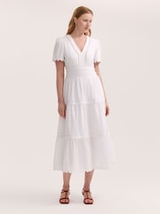 Finery White Wren Cotton Ric Rac Detail Tiered Midi Dress - Image 1 of 4
