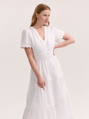 Finery White Wren Cotton Ric Rac Detail Tiered Midi Dress - Image 2 of 4