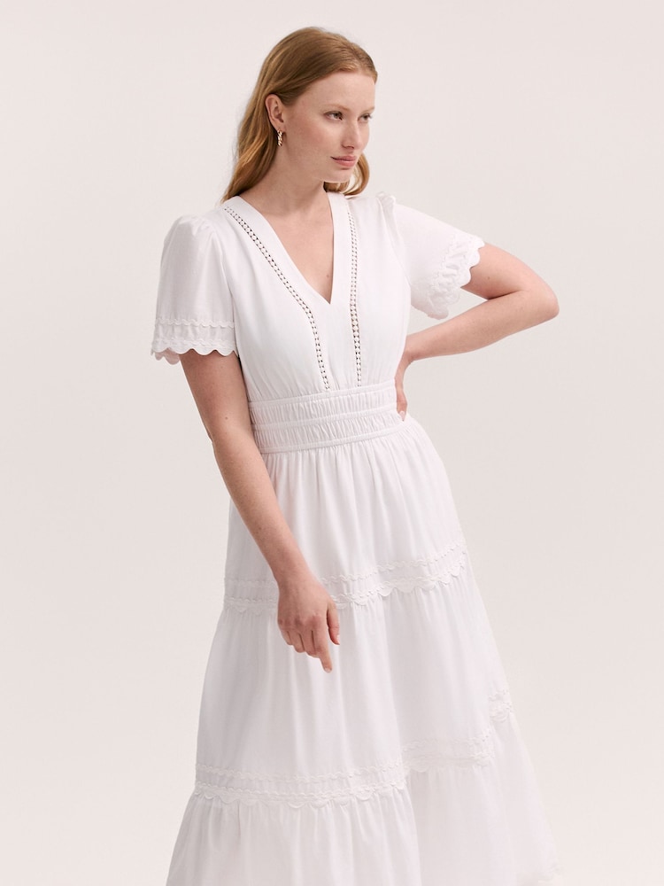 Finery White Wren Cotton Ric Rac Detail Tiered Midi Dress - Image 2 of 4