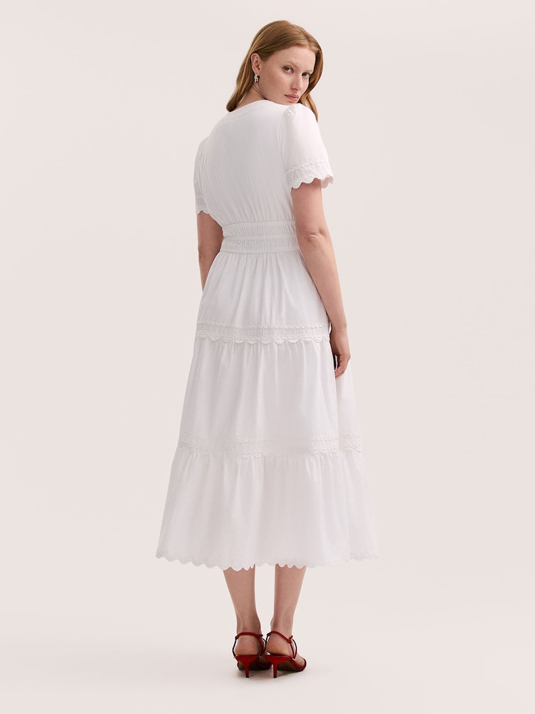 Finery White Wren Cotton Ric Rac Detail Tiered Midi Dress - Image 4 of 4