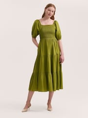 Finery Green Melody Cotton Shirred Midi Dress - Image 1 of 4