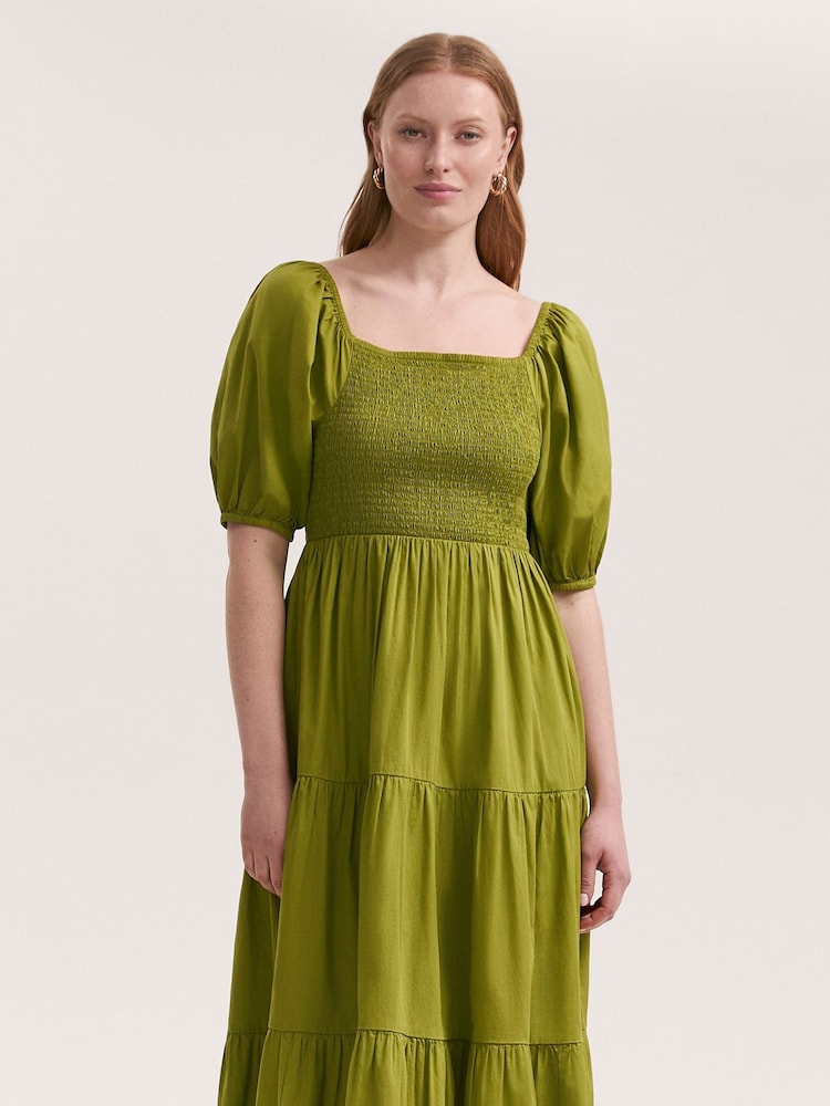 Finery Green Melody Cotton Shirred Midi Dress - Image 2 of 4