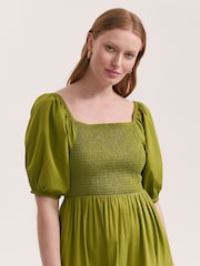 Finery Green Melody Cotton Shirred Midi Dress - Image 3 of 4