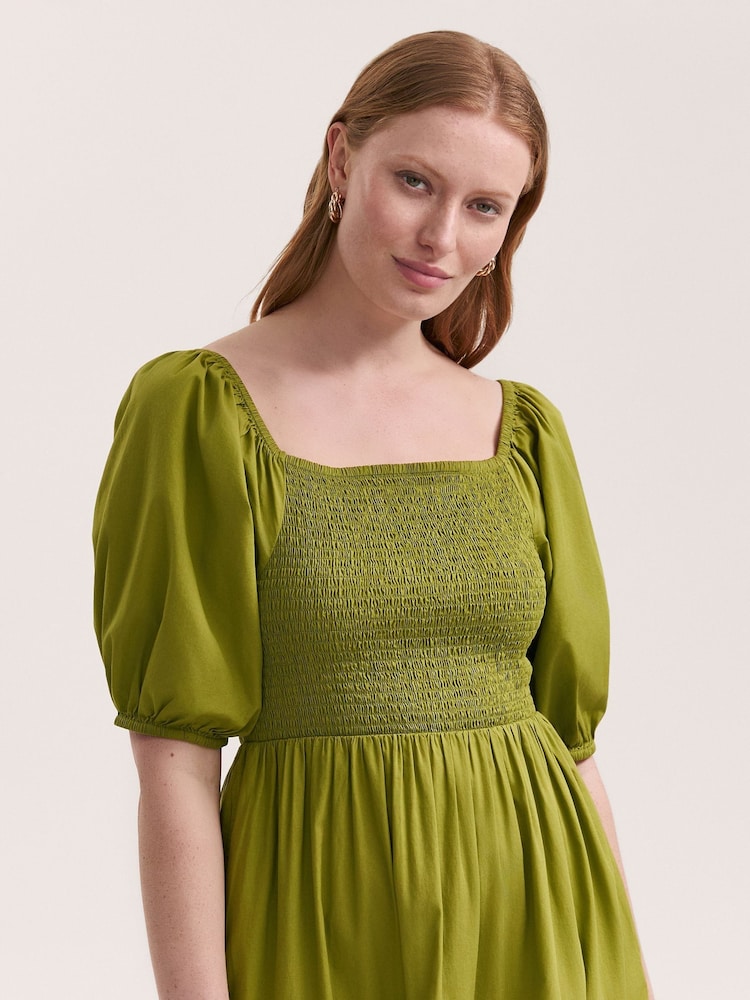 Finery Green Melody Cotton Shirred Midi Dress - Image 3 of 4