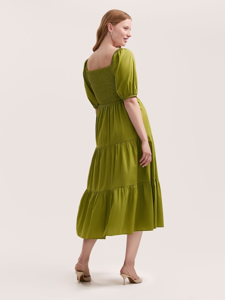 Finery Green Melody Cotton Shirred Midi Dress - Image 4 of 4