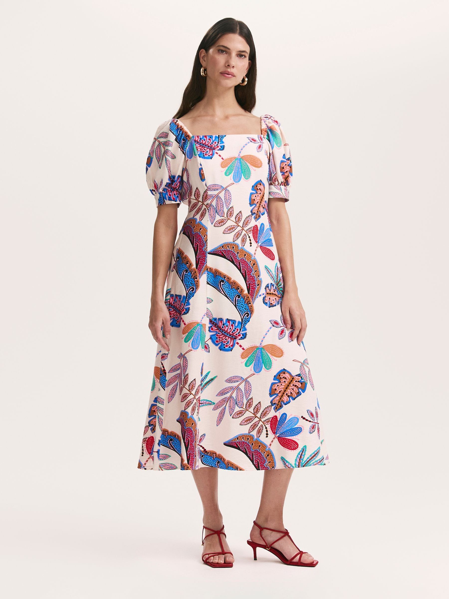 Finery Women's Natural Daisy Printed Square Neck Midi Dress