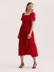 Finery Red Corina Cotton Ric Rac Detail Tiered Midi Dress - Image 1 of 4
