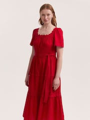 Finery Red Corina Cotton Ric Rac Detail Tiered Midi Dress - Image 2 of 4