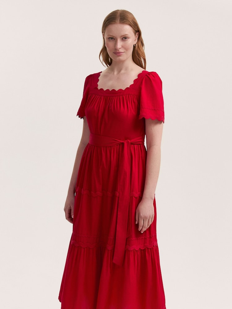 Finery Red Corina Cotton Ric Rac Detail Tiered Midi Dress - Image 2 of 4