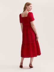 Finery Red Corina Cotton Ric Rac Detail Tiered Midi Dress - Image 4 of 4