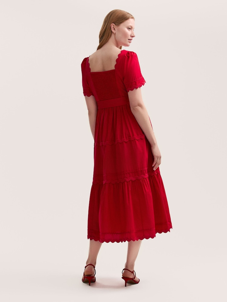 Finery Red Corina Cotton Ric Rac Detail Tiered Midi Dress - Image 4 of 4