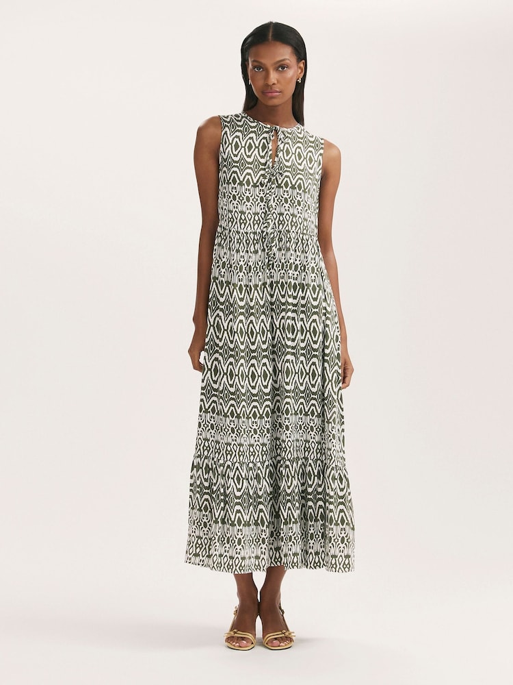 Finery Green Larissa Printed Tie Front Midi Dress - Image 1 of 4