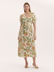 Finery Green Addison Floral Print Button Through Linen Blend Midi Dress - Image 1 of 4