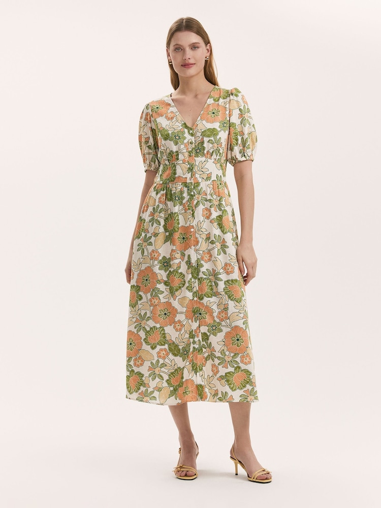 Finery Green Addison Floral Print Button Through Linen Blend Midi Dress - Image 1 of 4 Finery Green Addison Floral Print Button Through Linen Blend Midi Dress - Image 1 of 4