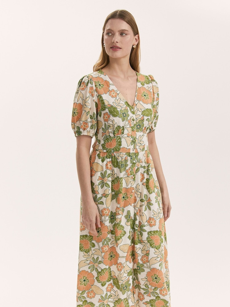 Finery Green Addison Floral Print Button Through Linen Blend Midi Dress - Image 2 of 4 Finery Green Addison Floral Print Button Through Linen Blend Midi Dress - Image 2 of 4