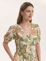 Finery Green Addison Floral Print Button Through Linen Blend Midi Dress - Image 3 of 4