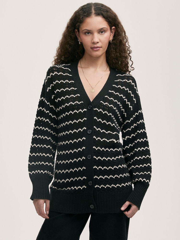 Finery Black Alena Striped Long Sleeve Cardigan - Image 1 of 4