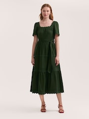 Finery Green Corina Cotton Ric Rac Detail Tiered Midi  Dress - Image 1 of 4