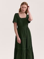 Finery Green Corina Cotton Ric Rac Detail Tiered Midi  Dress - Image 2 of 4