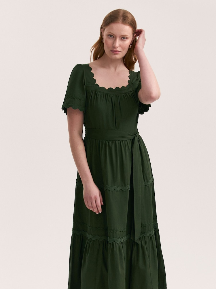 Finery Green Corina Cotton Ric Rac Detail Tiered Midi  Dress - Image 2 of 4