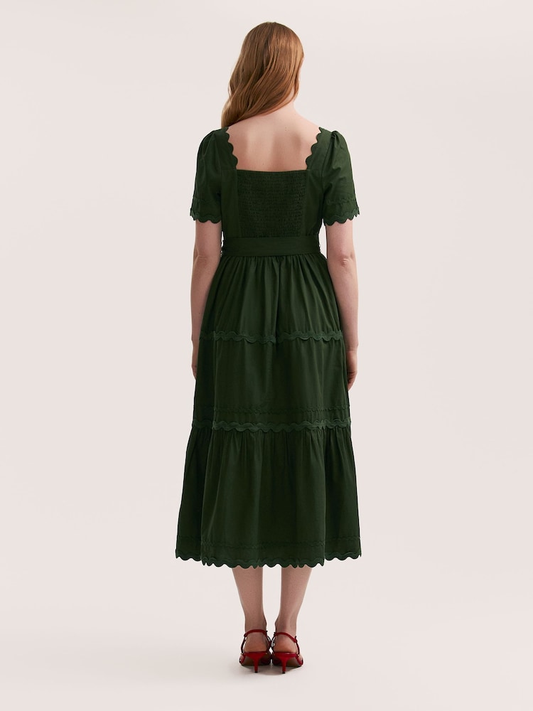 Finery Green Corina Cotton Ric Rac Detail Tiered Midi  Dress - Image 4 of 4