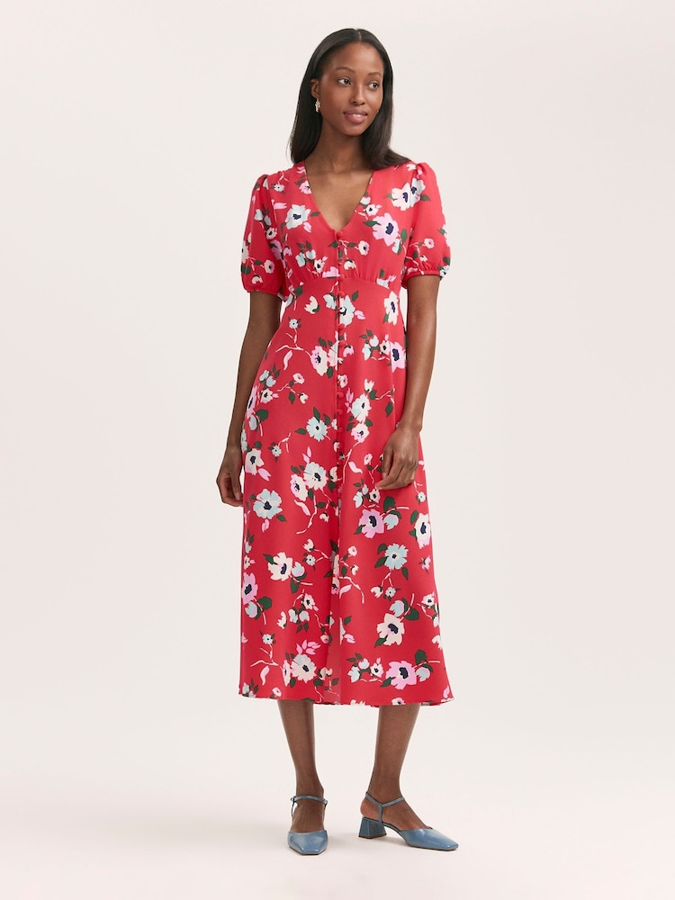 Finery Orange Robyn Floral Print Button Through Midi  Dress - Image 1 of 4