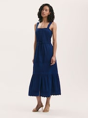 Finery Blue Hallie Cotton Ric Rac Detail Tiered Midi Dress - Image 1 of 4