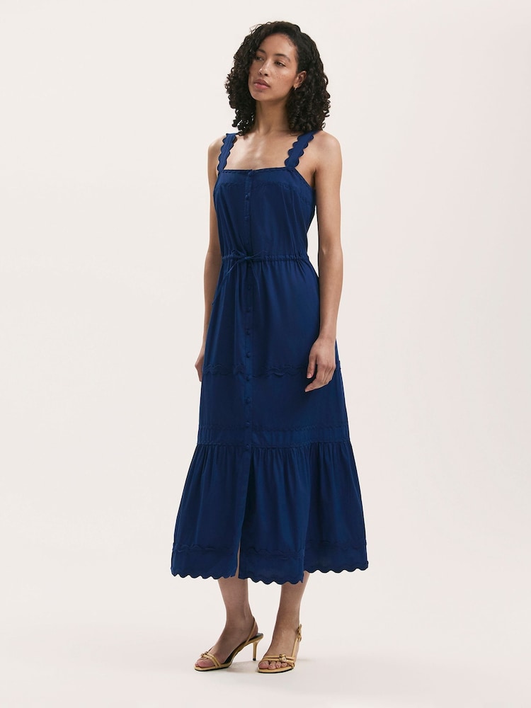 Finery Blue Hallie Cotton Ric Rac Detail Tiered Midi Dress - Image 1 of 4