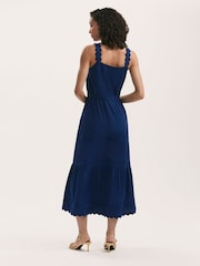 Finery Blue Hallie Cotton Ric Rac Detail Tiered Midi Dress - Image 2 of 4