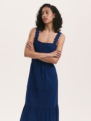 Finery Blue Hallie Cotton Ric Rac Detail Tiered Midi Dress - Image 3 of 4