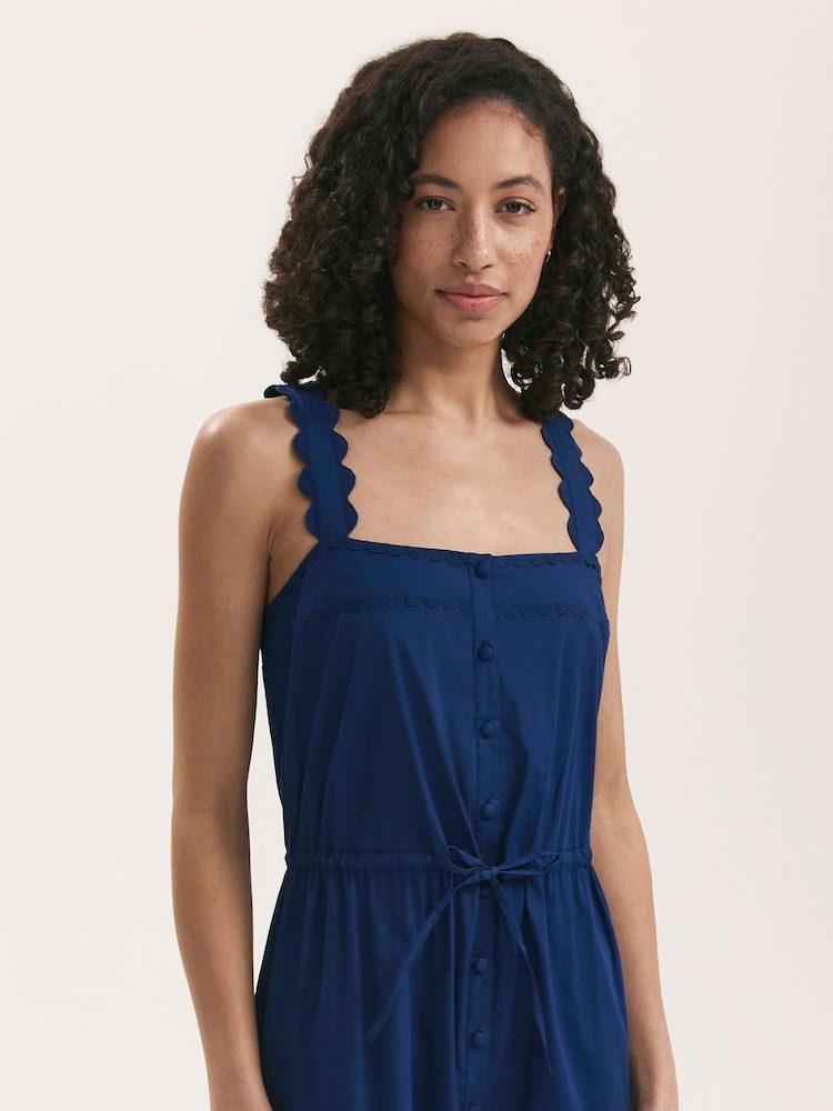 Finery Blue Hallie Cotton Ric Rac Detail Tiered Midi Dress - Image 4 of 4