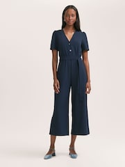 Finery Blue Uma Crepe Short Sleeve Jumpsuit - Image 1 of 4