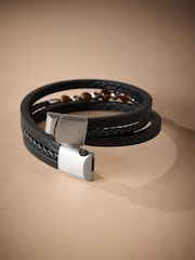 DCK Mens Genuine Leather And Tigers Eye Multirow Black Bracelet - Image 2 of 3