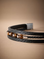 DCK Mens Genuine Leather And Tigers Eye Multirow Black Bracelet - Image 3 of 3
