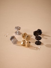 DCK Mens Silver Tone Stainless Steel Hexagon Stud Earrings Pack - Image 3 of 4