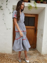 Another Sunday Navy Gingham Button Through V-Neck Puff Sleeve Tiered 100% Cotton Midi Dress - Image 1 of 5