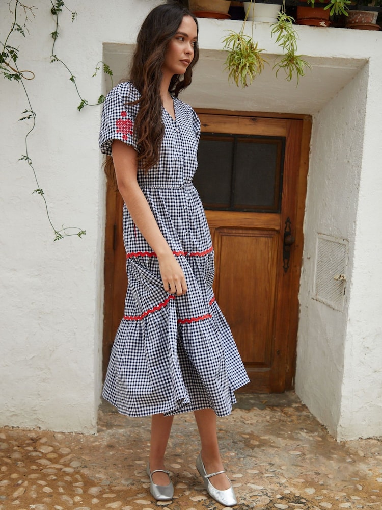 Another Sunday Navy Gingham Button Through V-Neck Puff Sleeve Tiered 100% Cotton Midi Dress - Image 1 of 5