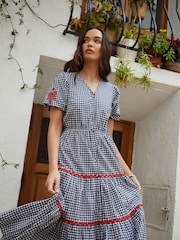 Another Sunday Navy Gingham Button Through V-Neck Puff Sleeve Tiered 100% Cotton Midi Dress - Image 2 of 5