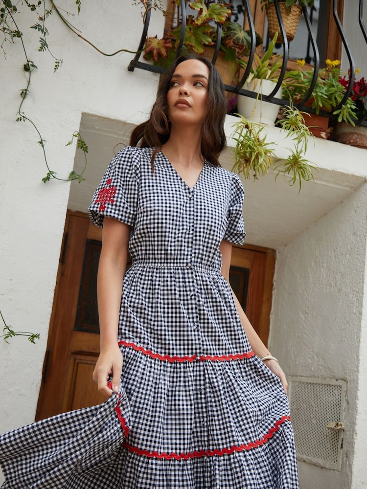 Another Sunday Navy Gingham Button Through V-Neck Puff Sleeve Tiered 100% Cotton Midi Dress - Image 2 of 5