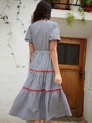 Another Sunday Navy Gingham Button Through V-Neck Puff Sleeve Tiered 100% Cotton Midi Dress - Image 3 of 5