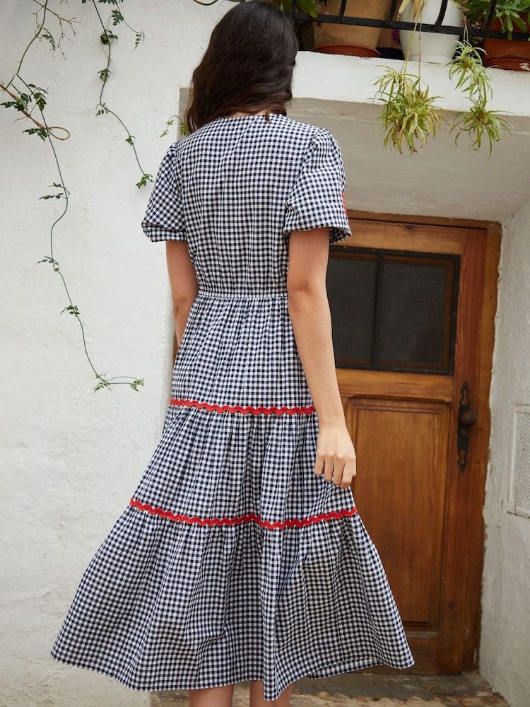 Another Sunday Navy Gingham Button Through V-Neck Puff Sleeve Tiered 100% Cotton Midi Dress - Image 3 of 5